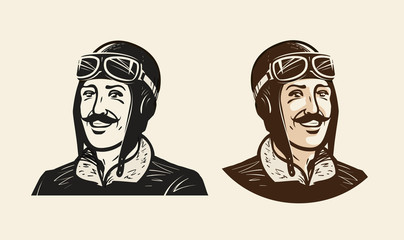 Portrait of smiling pilot or racer. Vintage sketch vector illustration © ~ Bitter ~