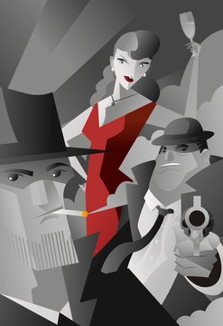 noir pulp black and white mafia mobster, private detective and red dress sexy woman poster