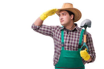 Young man gardener isolated on white