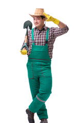 Young man gardener isolated on white