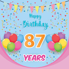 color full 87 th birthday celebration greeting card design, birthday party poster background with balloon, ribbon and confetti. eighty seven anniversary celebrations