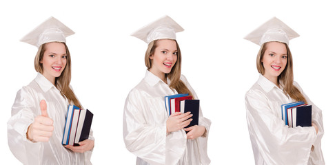 Graduate girl with diploma  isolated on white