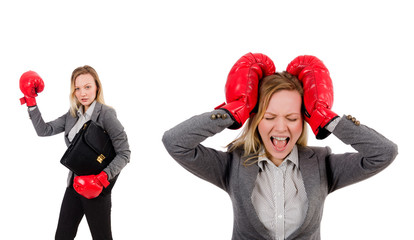 Woman businesswoman with boxing gloves on white