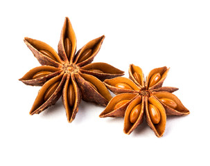 Close up star anise spice isolated on white background , overhead and top view