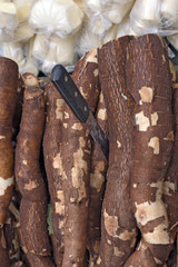 Cassava on display in typical stall of Brazilian street market