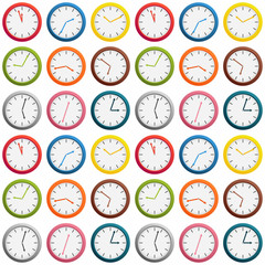 Seamless pattern made of colorful clock showing different time, isolated on white, interesting time texture - 166934139