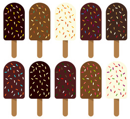 Set of 10 isolated  ice cream with different colors - variation of chocolate flavors (icing) and sprinkle