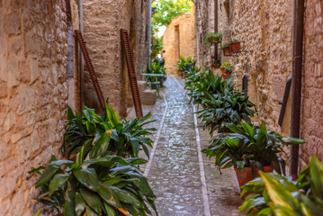 SPELLO, ITALY - MAY 27, 2017 - View of a typical alley of Spello, a medieval and beautiful town in Umbria.