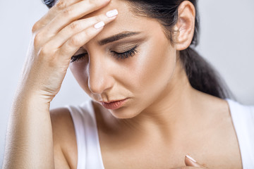 Pain. Tired Exhausted Stressed Woman Suffering From Strong Eye Pain. Portrait Of Beautiful Young Female Feeling Sick, Having Headache, Nose Pain And Touching Painful Eyes. Healthcare. High Resolution