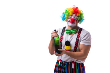 Funny clown with a bottle isolated on white background