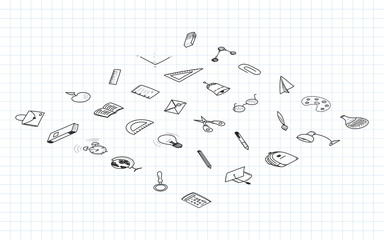 Back to school. Set isometric isometric of drawing vector elements with a sheet in a box. for education with endolar accessories. Vector illustration.