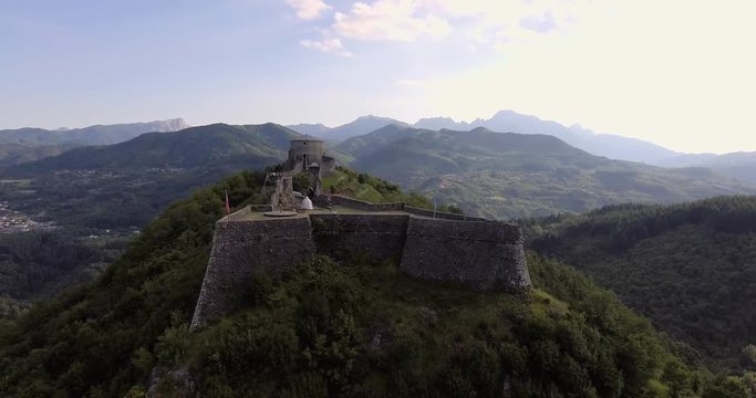 Aerial footage, Verrucole fortress in Tuscany, Italy, 4K