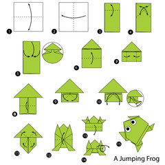 step by step instructions how to make origami A Jumping Frog - obrazy, fototapety, plakaty