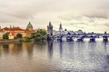 The Charles Bridge in Prague. Vintage view. old retro style.