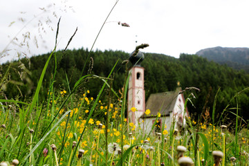 Church of St. Magdalena, near the Cinque Torri mountain peak in Dolomiti of the Alps in Italy
