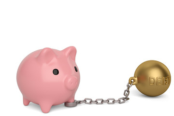 Piggy bank gold chain ball on white background.3D illustration.