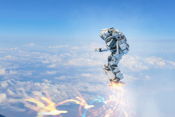 Spaceman on flying board. Mixed media