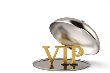Opened metal cloche with gold vip symbol high resolution 3D illustration.