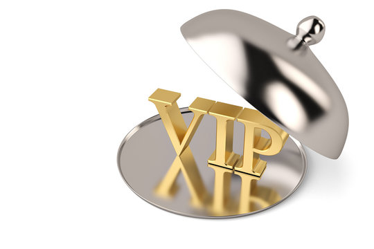 Opened metal cloche with gold vip symbol high resolution 3D illustration.