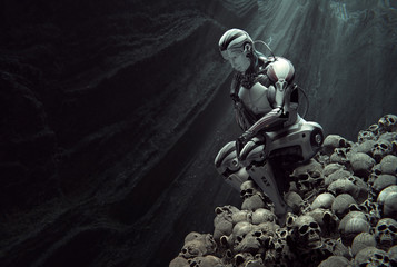 A cyborg in thinker pose sitting on heap of human skulls inside a cave. Light rays from the top....