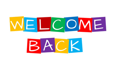 welcome back, text in colorful rotated squares