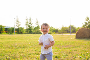 Summer, childhood and baby concept - little boy having fun in summer nature