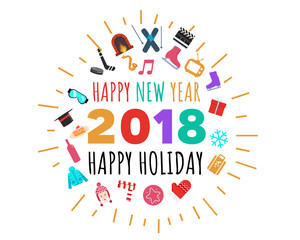 Happy new year 2018 celebration post card concept with white background and colored icon illustration vector