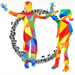 Polygon silhouettes dancing people and melody circle, music battle party background.