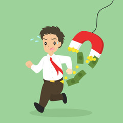 cartoon vector of a businessman running and a magnet taking his gold coins and money