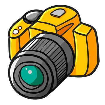 Cute and cool yellow DSLR camera ready to use - vector.