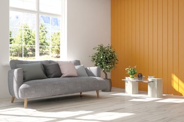 Idea of white room with sofa and summer landscape in window. Scandinavian interior design. 3D illustration
