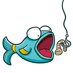 Fototapeta premium Funny and cute blue green fish want to eat bait - vector. 