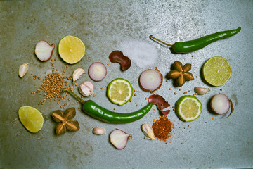 Fototapeta na wymiar Spices in colorful, seasonings on Sheet metal