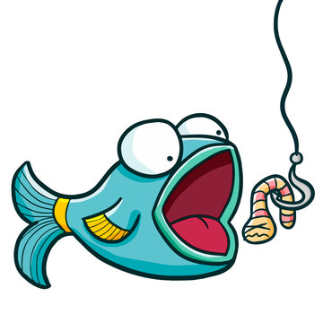 Funny and cute blue green fish want to eat bait - vector. 