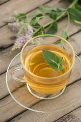 A glass mug with golden tea with leaves and mint flowers stands on a saucer and on a wooden table in summer