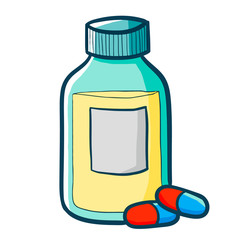 Funny and cute medicine bottle and capsules - vector.