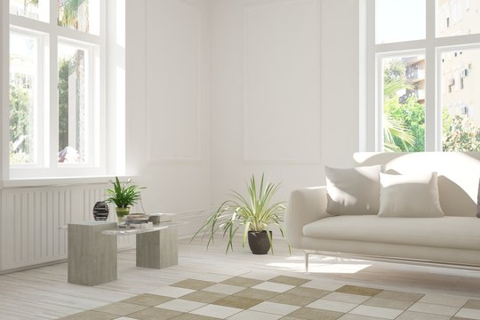 Idea of white room with sofa and summer landscape in window. Scandinavian interior design. 3D illustration © AntonSh