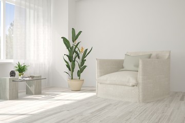 Idea of white minimalist room with armchair. Scandinavian interior design. 3D illustration