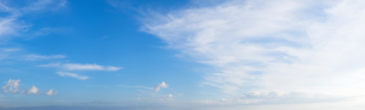 Panoramic blue sky background with white clouds on a sunny day
