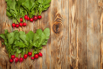 Fresh vegetables, radish wooden background