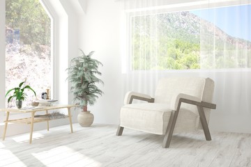 White room with armchair and summer landscape in window. Scandinavian interior design. 3D illustration