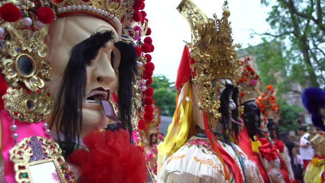 Taipei, Taiwan-30 May, 2017: 4K Celebration of Matsu God. Traditional Taiwanese Gods parade, effigie of General Hieh. Differents General gods Faces of Qi Yeh in the Procession -Dan