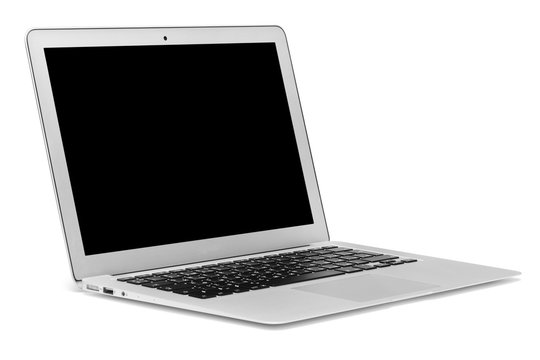 Isolated silver notebook black screen on white background
