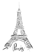 Fototapeta na wymiar Sketch illustration of Eiffel Tower on white background and hand writing word Paris