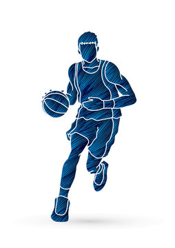 Basketball player running front view designed using blue grunge brush graphic vector