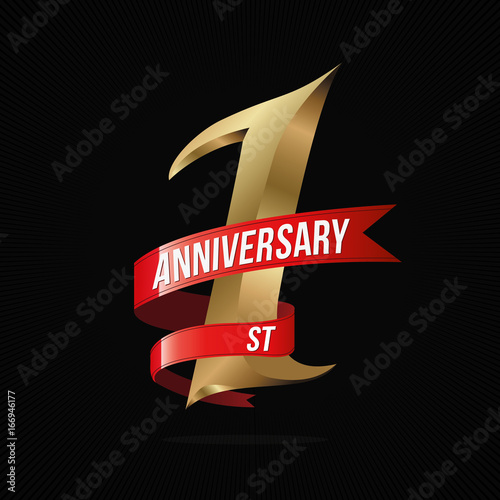 1 Year Anniversary Golden Logo With Red Ribbon One Celebration 1 Year Anniversary Golden Logo With Red Ribbon One Celebration