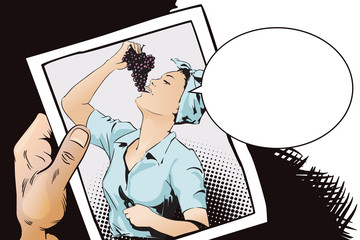 Beautiful young woman collects and eats grapes. People in retro style.