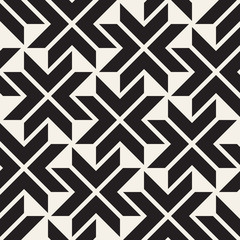 Vector Seamless Black And White Lines Pattern Abstract Background. Cross Shapes Geometric Tiling Ornament.