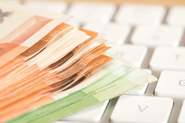 Euro Geldscheine und eine Computertastatur