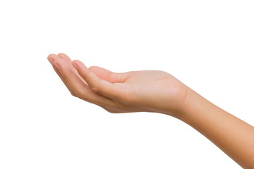 12 year old asian young girl open right hand palm up isolated on white background. Clipping path. giving concept.